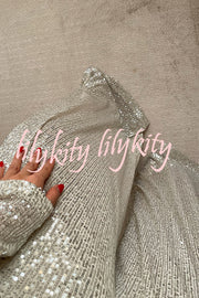 Fashionable Shiny Sequined Long-Sleeved Cropped Top and Casual Wide-Leg Pants Set