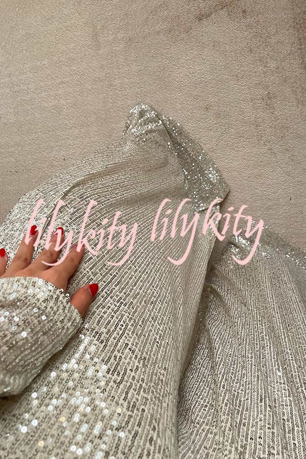 Fashionable Shiny Sequined Long-Sleeved Cropped Top and Casual Wide-Leg Pants Set