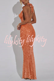 Shine All Night Sheer Sequin Cowl Neck Halter Maxi Dress