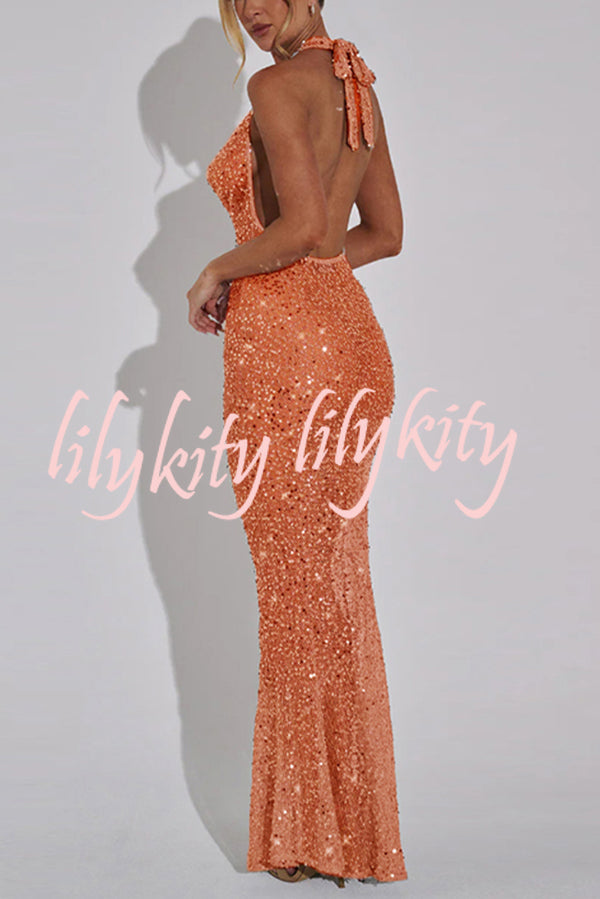 Shine All Night Sheer Sequin Cowl Neck Halter Maxi Dress