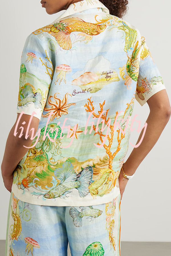 Unique Printed Lapel Short Sleeve Loose Shirt and Elastic Waist Casual Pocket Vacation Pants Set