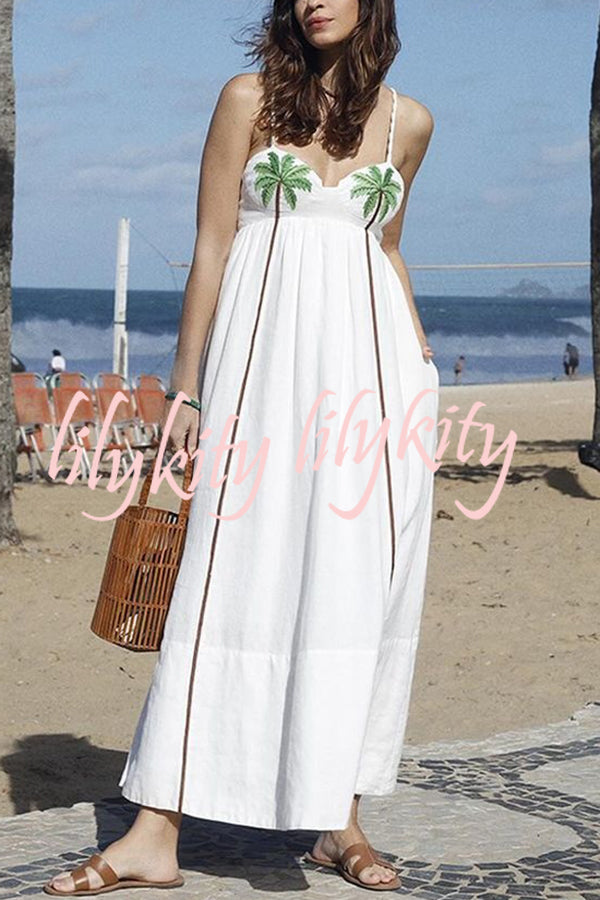 Coconut Tree Print Suspender Backless Large Hem Maxi Dress