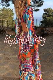 Colorful Day Unique Print Bell Sleeve Cutout Waist Layered Maxi Dress