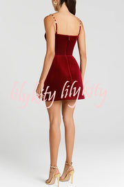 Harley Luxurious Velvet Fabric Jewel-embellished Shoulder Straps Pocket Tulip Mini Dress