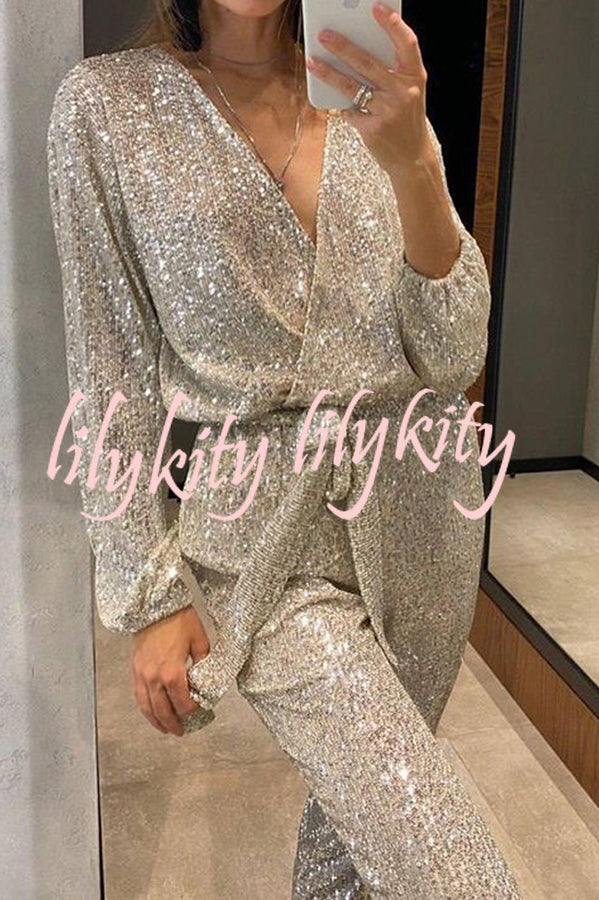 Cheers To You Sequin Long Sleeve Belted Wrap Loose Jumpsuit