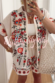 Linen Blend Floral Print Short Sleeve Loose Shirt and Elastic Waist Tie Casual Shorts Set