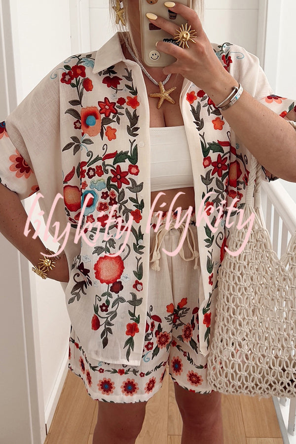 Linen Blend Floral Print Short Sleeve Loose Shirt and Elastic Waist Tie Casual Shorts Set