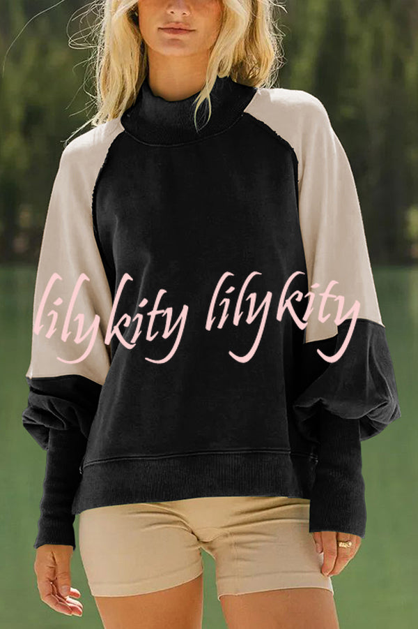 Fashionable Contrast Color Stitching Long Sleeve Loose Sweatshirt