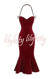 Althea Velvet Sweetheart Neck Bow Strap Fishtail Hem Stretch Midi Dress