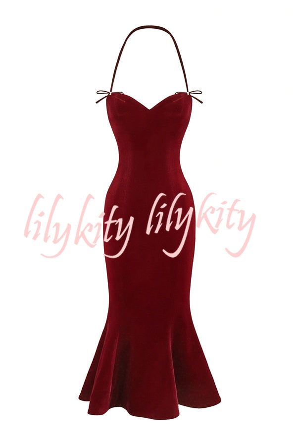 Althea Velvet Sweetheart Neck Bow Strap Fishtail Hem Stretch Midi Dress