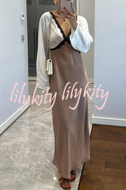 Lainei Contrast Color Satin Lace Trim V-neck Long Sleeve Maxi Dress