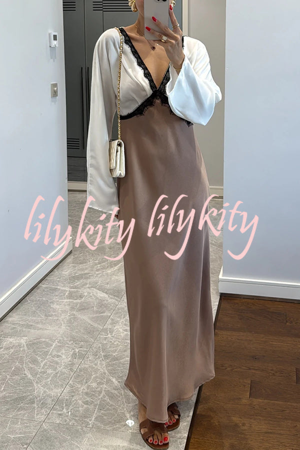 Lainei Contrast Color Satin Lace Trim V-neck Long Sleeve Maxi Dress