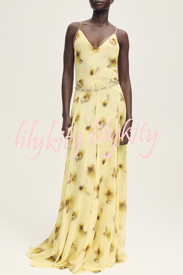 Sunset Glow Floral Print V-neck Thin Straps Flare Hem Maxi Dress