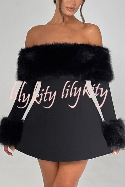 Cute and Luxe Faux Fur Trim Off Shoulder Bubble Shaped Mini Dress