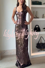 Dazzling Like Flowing Water Sequin V-neck Back Zipper Slit Maxi Dress
