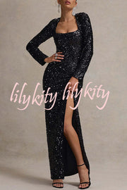 My Dreams Sparkle Sequin Square Neck Long Sleeves Slit Maxi Dress