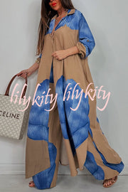Unique Printed Casual Loose Long Shirt and Elastic Waist Pocket Wide Leg Pants Set
