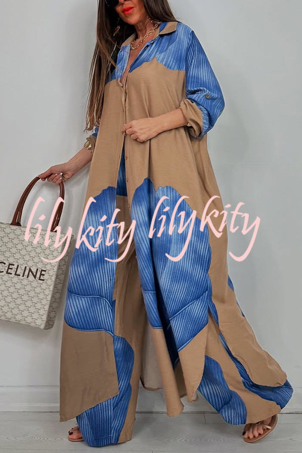 Unique Printed Casual Loose Long Shirt and Elastic Waist Pocket Wide Leg Pants Set