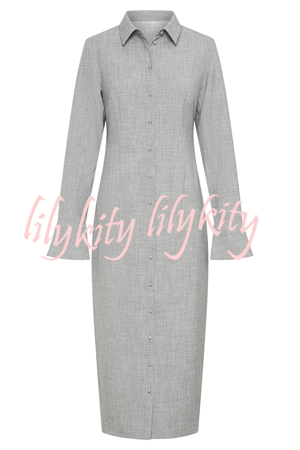 Elegant Energy Button Up Long Flare Sleeve Fitted Shirt Midi Dress