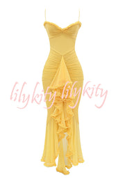 Retro Romantic Style Mesh Ruffle Trim Ruched Slit High Low Maxi Dress