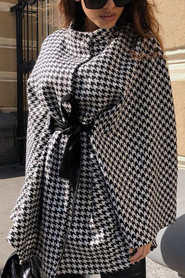 Stylish Houndstooth Loose Lace-up Cape