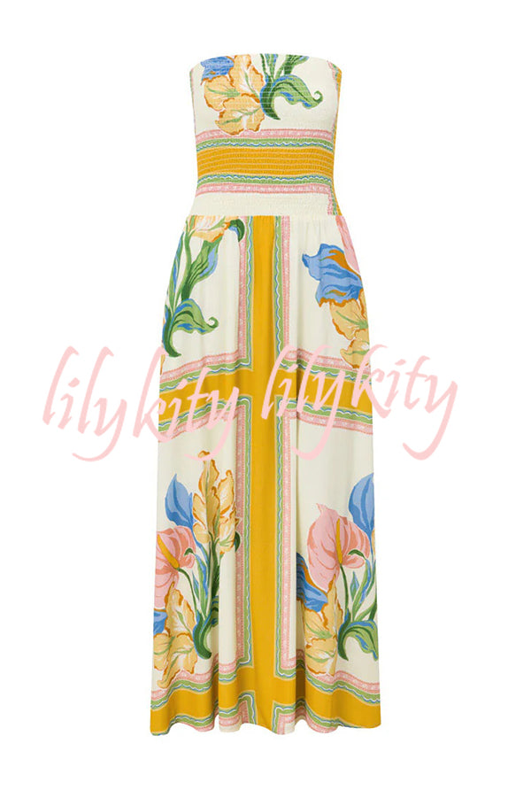 Linen Blend Unique Print Off-The-Shoulder Pleated Resort Maxi Dress
