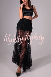 Perfect Party Lace Elastic Waist Contains Lining A-line Maxi Skirt