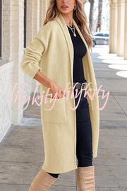Solid Color Long-sleeved Casual Loose Pocket Mid-length Cardigan