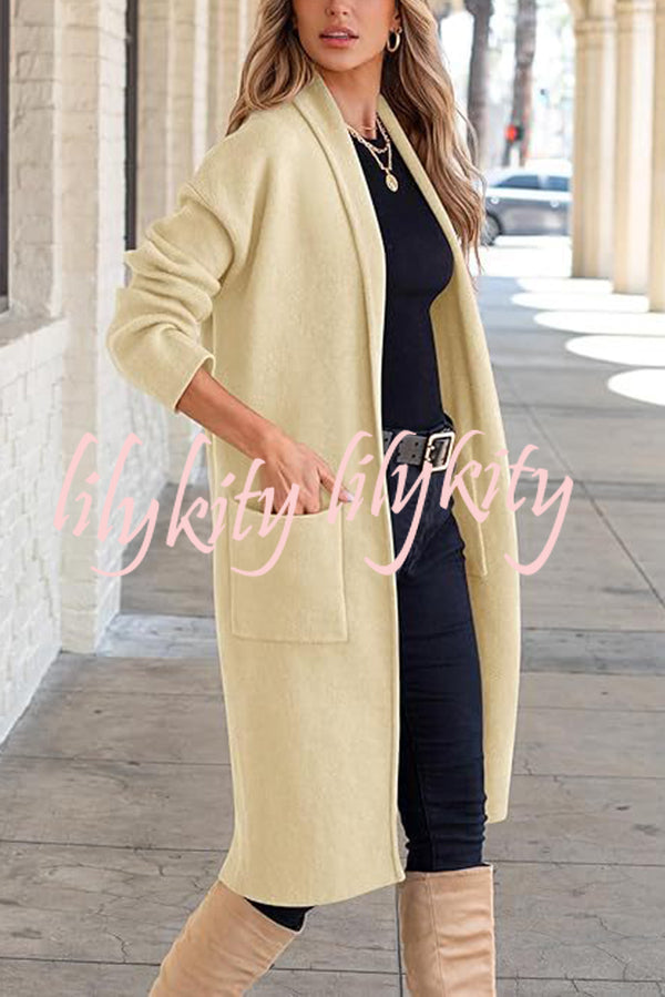 Solid Color Long-sleeved Casual Loose Pocket Mid-length Cardigan