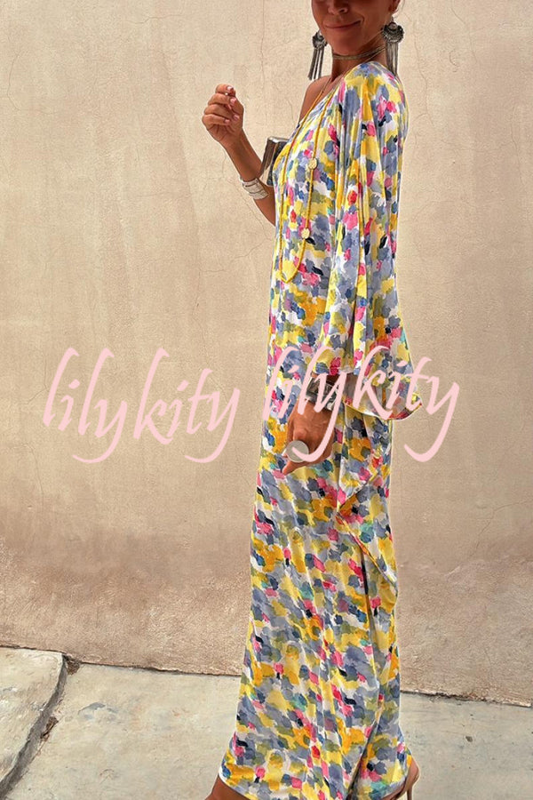 Indio Watercolor Print One Shoulder Drape Sleeve Maxi Dress