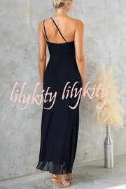 Fashion One-shoulder Pleated Sexy High Slit Slim Dress