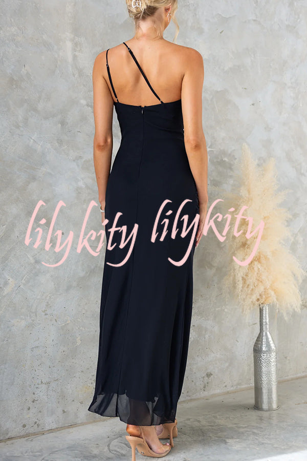 Fashion One-shoulder Pleated Sexy High Slit Slim Dress