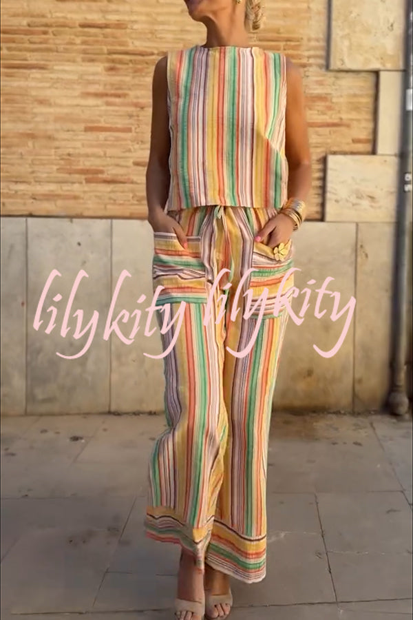 Tylah Linen Blend Colorful Striped Back Button Vest and Elastic Waist Pocket Loose Pants Set