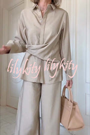 Juliette Cross-front Button Up Long Sleeve Shirt and Elastic Waist Pocket Loose Pants Set
