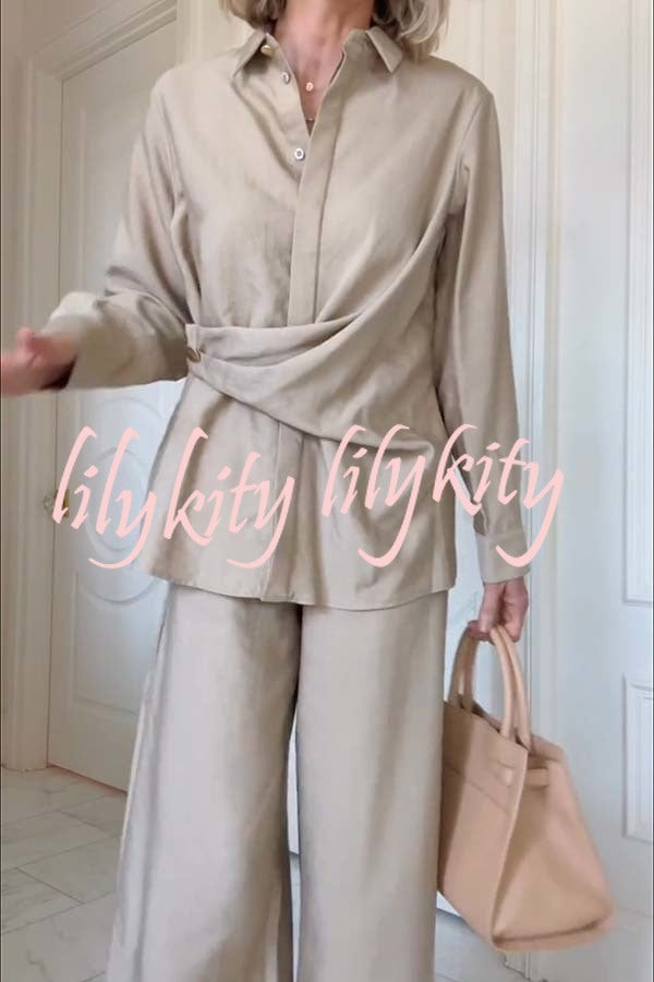 Juliette Cross-front Button Up Long Sleeve Shirt and Elastic Waist Pocket Loose Pants Set