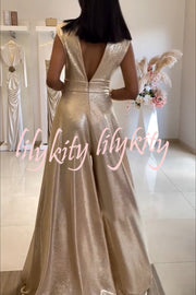 Roisin Metallic Fabric Ruched Shoulder V-neck Wide Leg Drape Jumpsuit