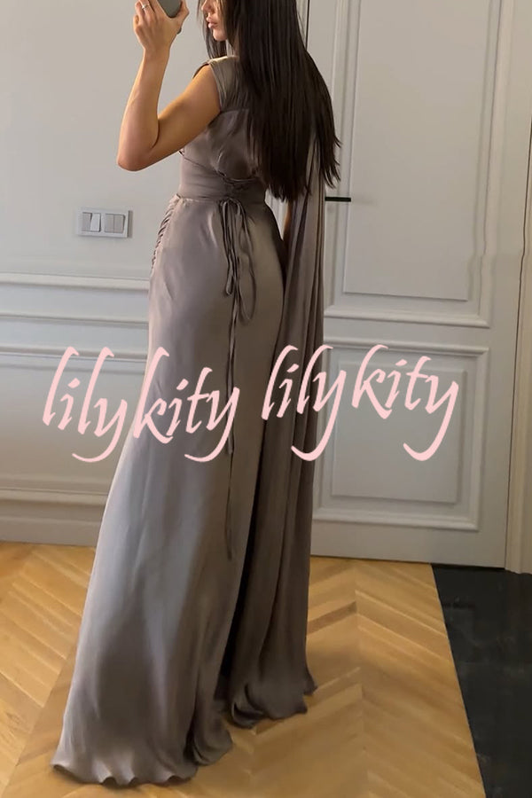 Solid Color Satin Sleeveless Waist Elegant Pleated Ribbon Maxi Dress
