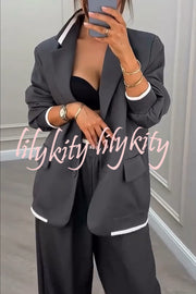 Fashion Sports Style Ribbed Colorblock Lapel Blazer and Elastic Waist Pocket Loose Pants Set