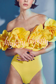 Solid Color 3D Flower Stretch One-piece Swimsuit