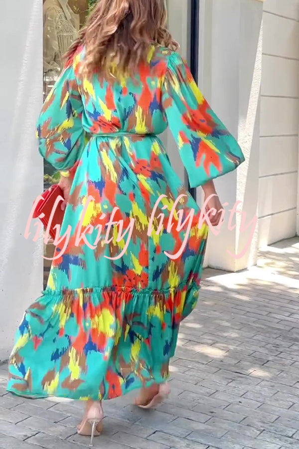 Multicolor Printed Lapel Balloon Sleeves Tie-waist Maxi Dress