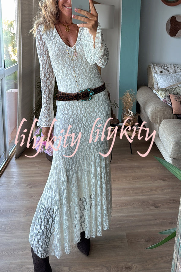 Aster Embroidered Lace Chiffon V-neck Long Bell Sleeve Stretch Flare Maxi Dress