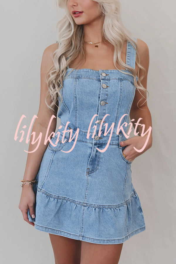 Solid Square Neck Suspender Button Pocket Denim Mini Dress