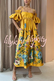 Sweetest Marigold Printed Gathered Sleeve Pocketed A-line Midi Dress