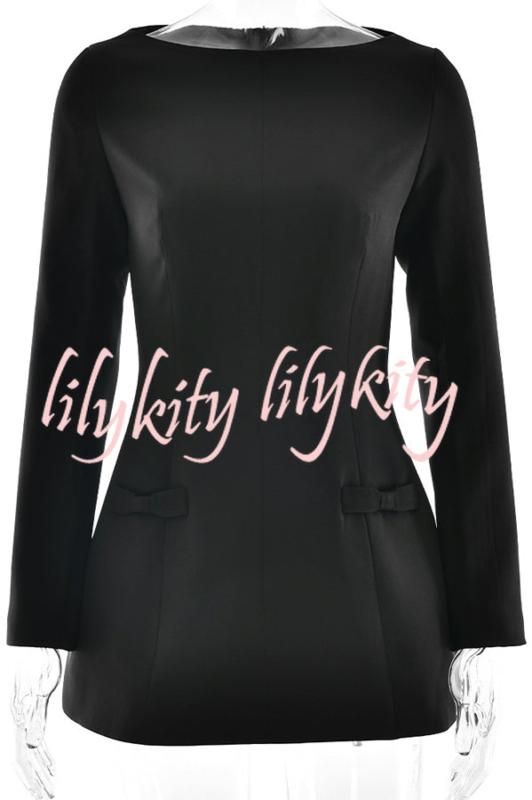 Budding Elegance Bow Detail Boat Neck Long Sleeve Mini Dress