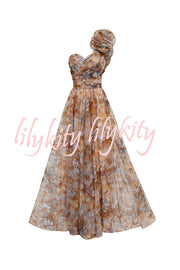 Romantic Ball Chiffon Floral One-shoulder Pleated Design Back Lace-up Gown Maxi Dress