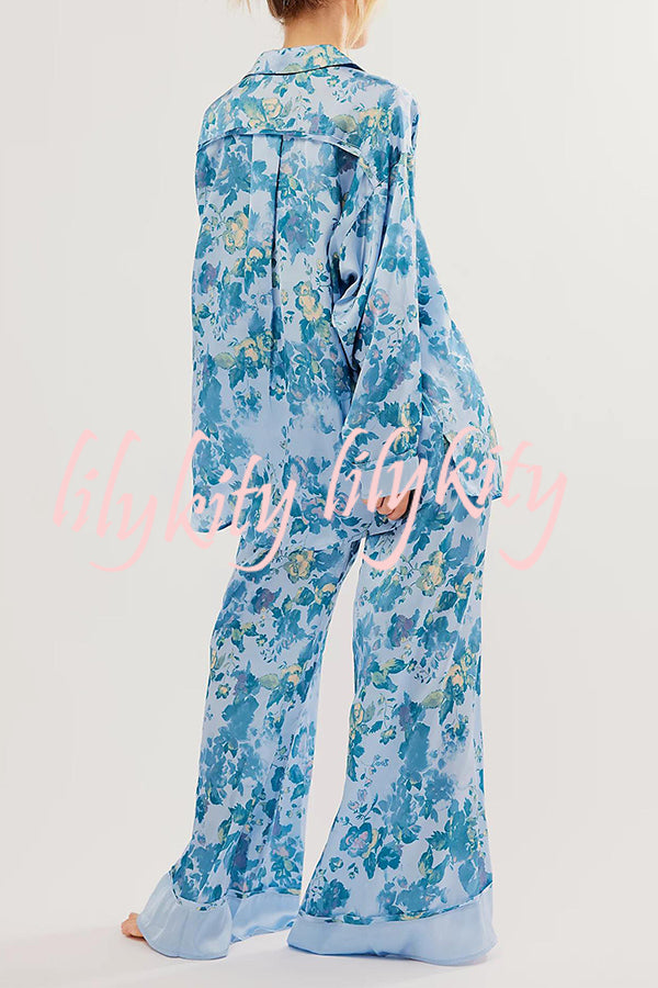 Unique Printed Lounge Long-sleeved Shirt and Elastic Waisted Baggy Pants Set