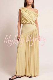 Gwen Soft Knit Fabric Off Shoulder Ruched Detail Drape Maxi Dress