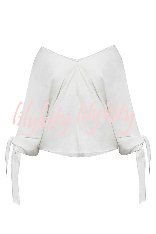 Joyful Bond Linen Blend V-neck Knotted Cuff Half Sleeve Loose Top