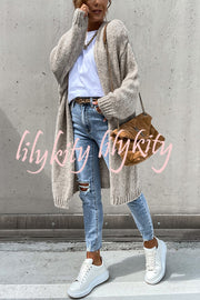 Solid Color V-neck Knitted Long-sleeved Oversized Midi Cardigan