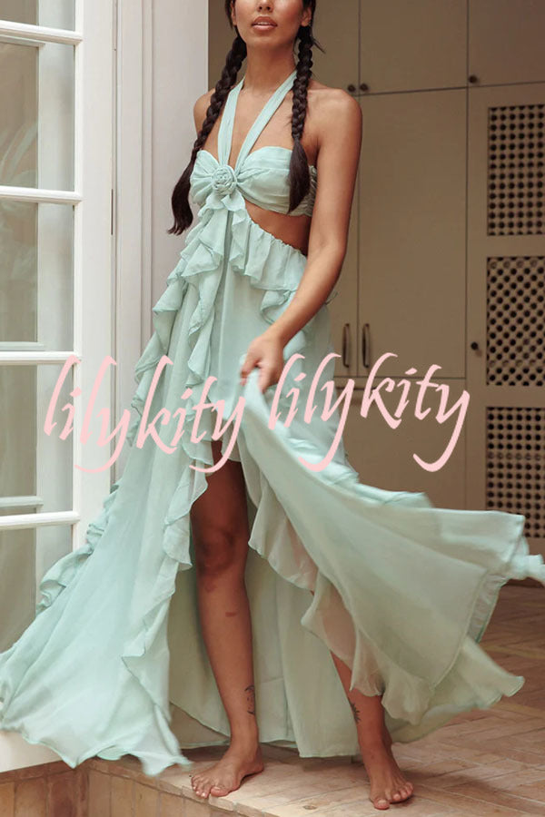 Gorgeous Vacation Halter Rose Detail Cut Out Ruffles Backless Maxi Dress